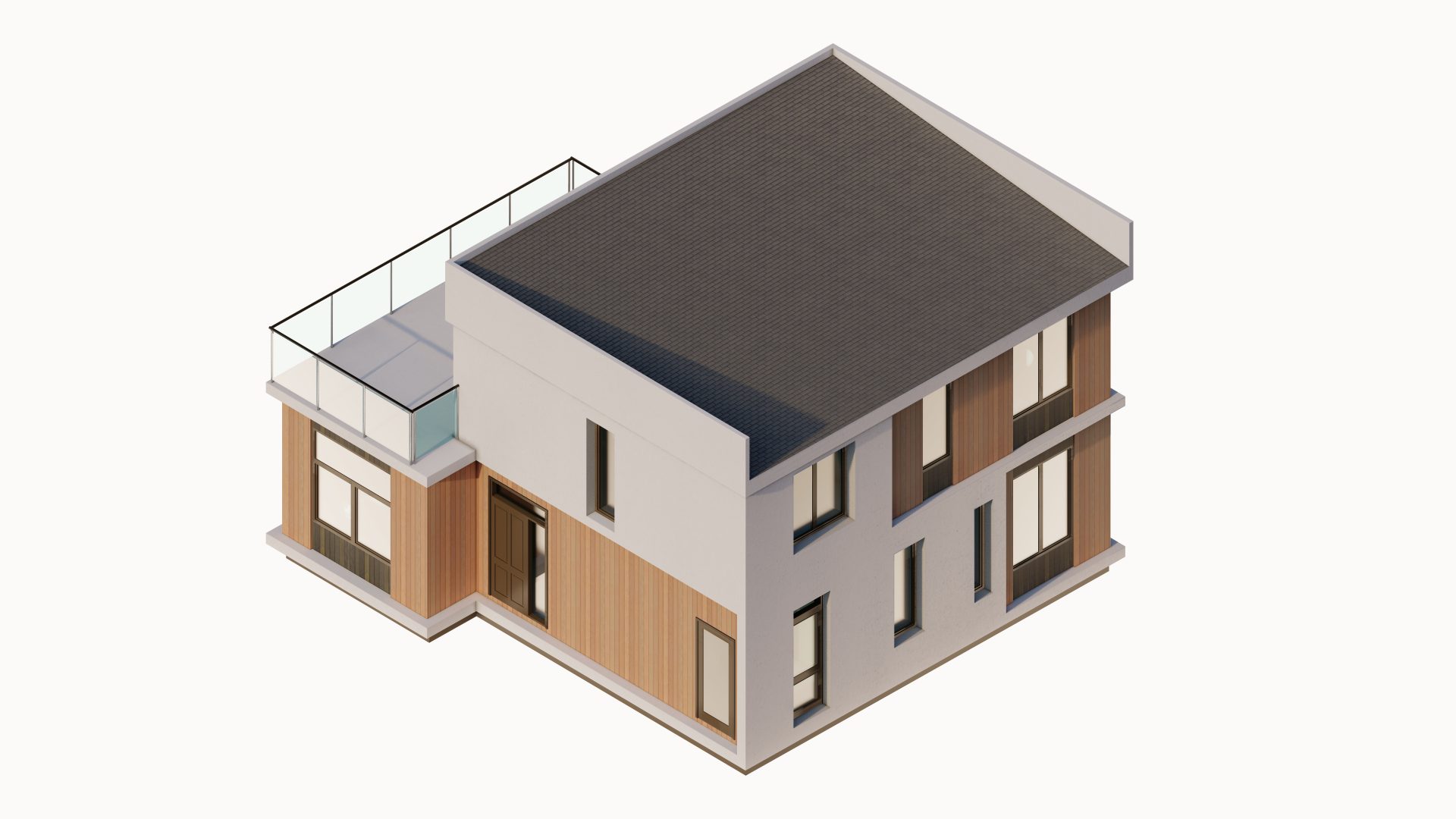 Двухэтажный дом с плоской крышей, построенный из СИП-панелей
